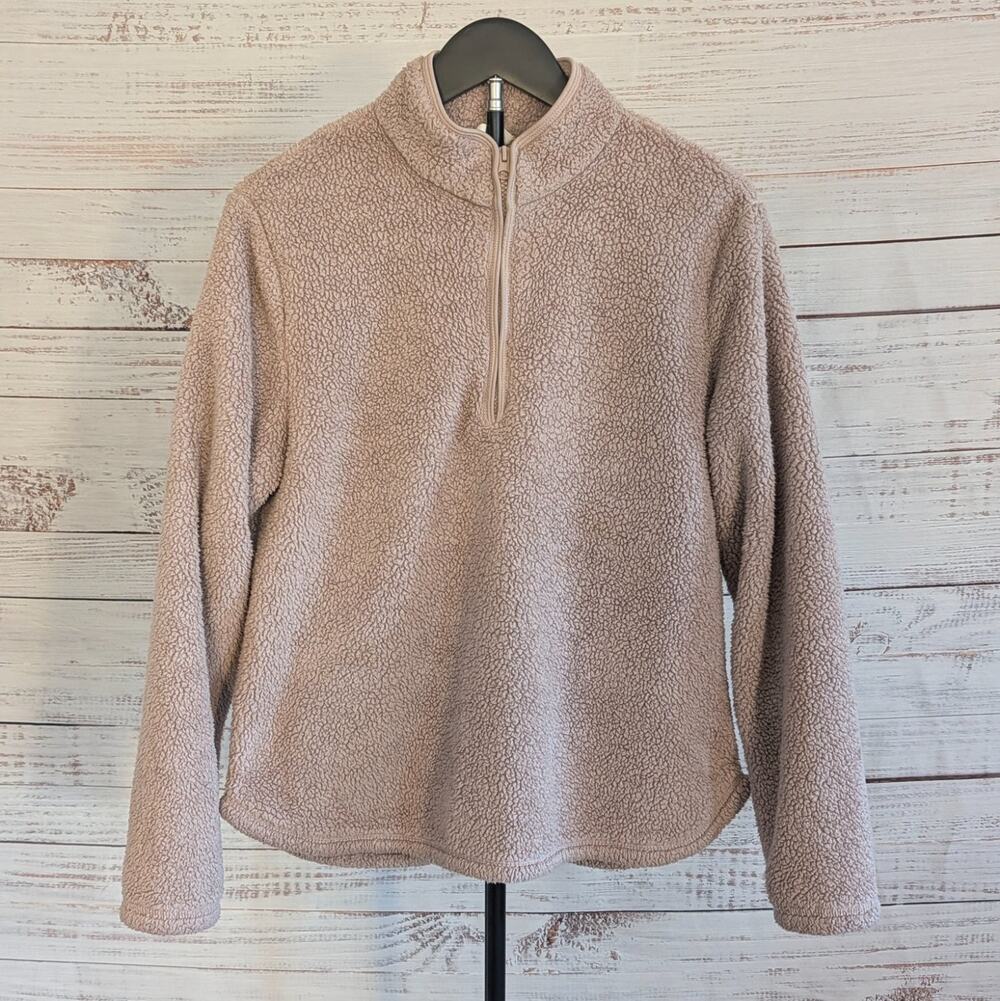 H&M Sherpa Fleece Pullover Womens M Taupe Beige Half Zip Teddy Jacket Sweatshirt